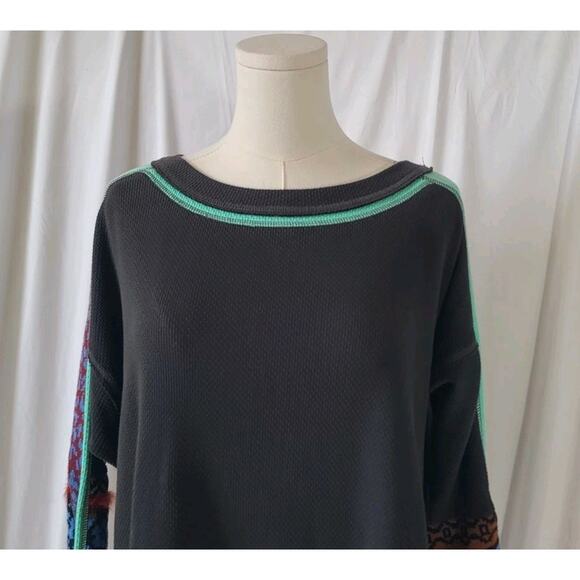 Free People Washed Black Thermal On My Way Cuffed Sweater Top Small - Picture 4 of 7